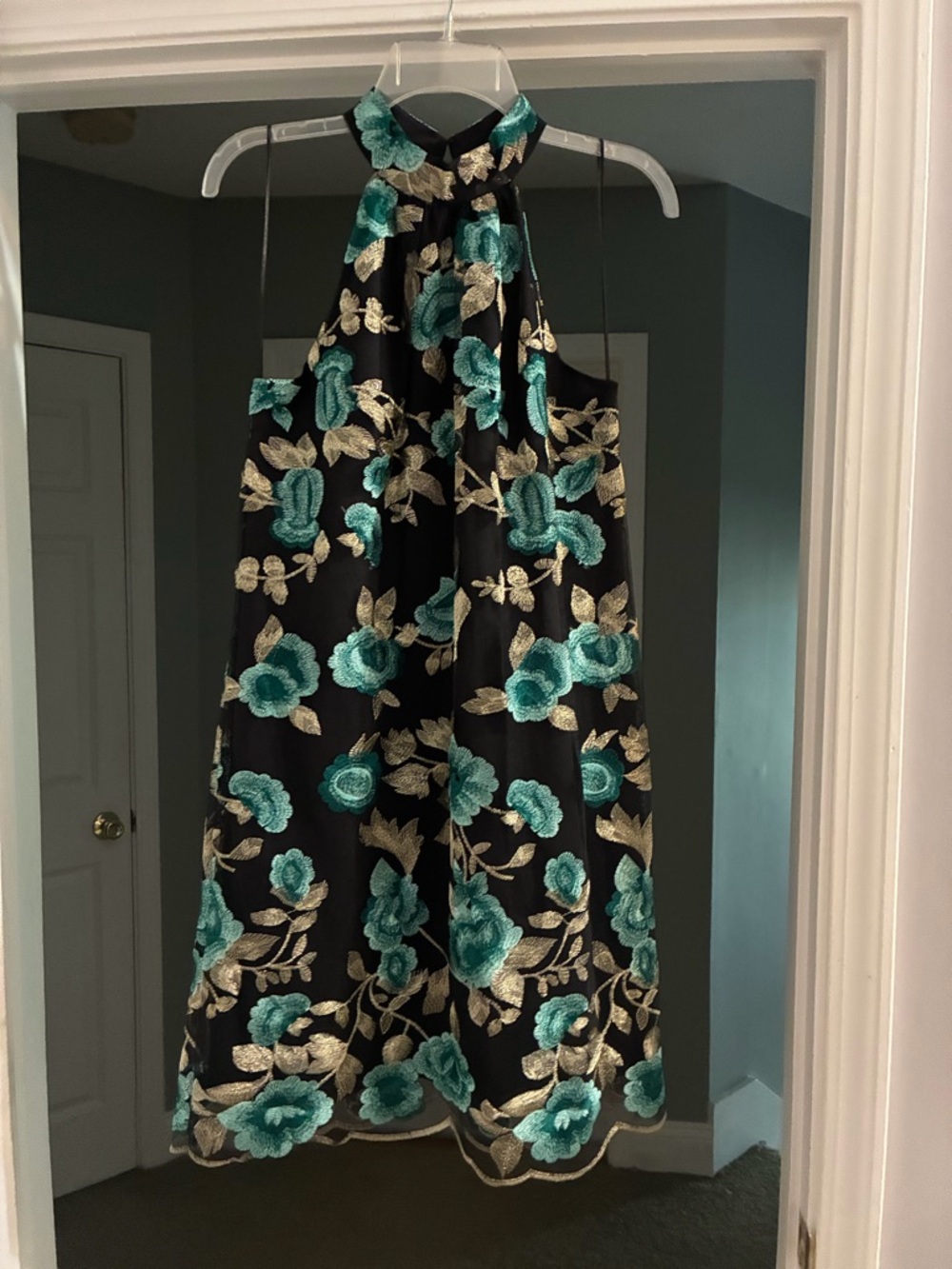 STUNNING TRINA TURK Black Floral Mini Dress with Teal and Gold Embroidery!